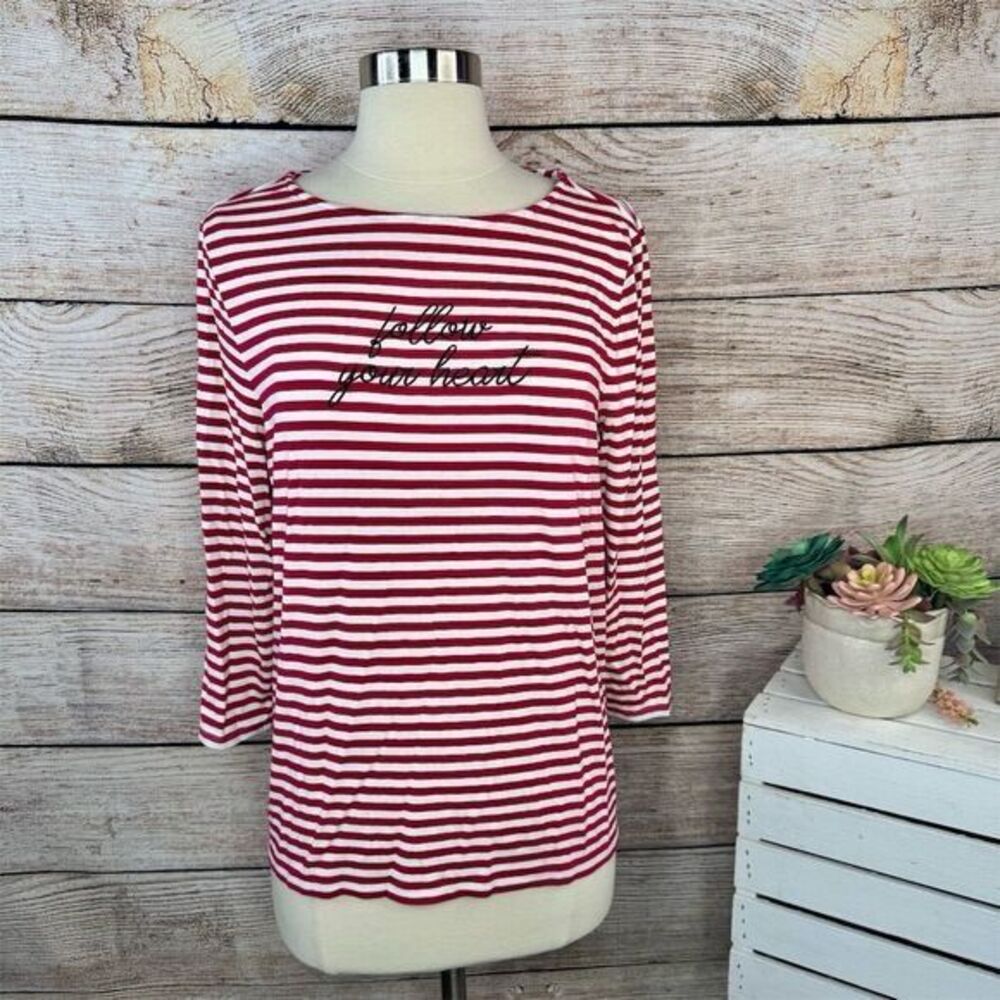 Chico’s Striped Tee Red Boat Neck 3/4 Sleeve "Follow Your Heart" Size Medium